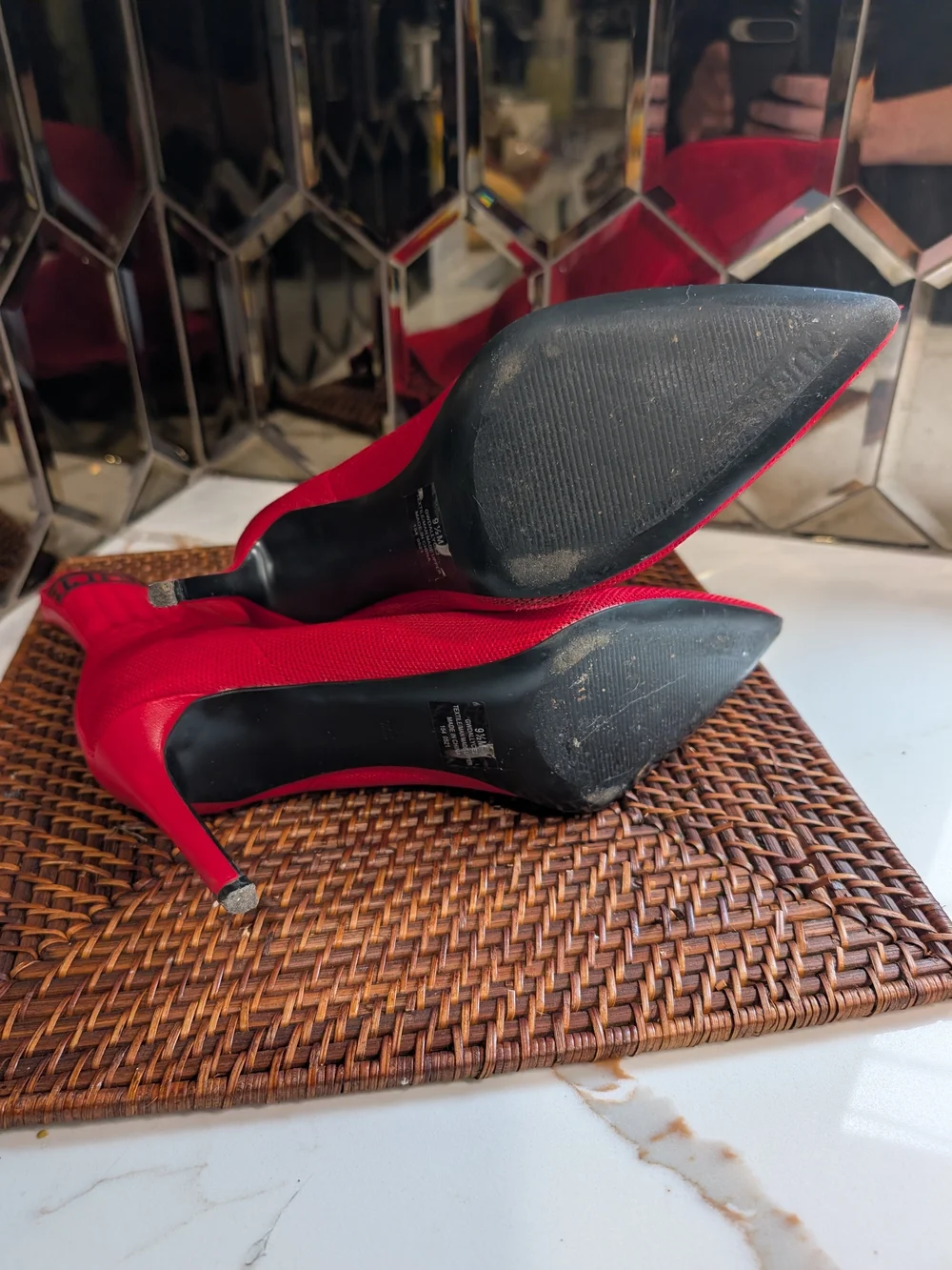 Guess Red Pointed-Toe Stiletto Sock Booties with Black Trim